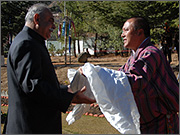 The Gyalpoi Zimpon, Penjore offers khada to the Indian ambassador Sudhir Vyas